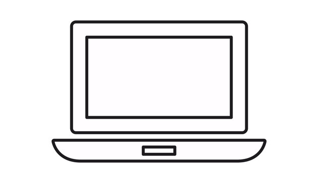 Minimalist black line vector icon of a laptop computer, featuring a clean outline of a notebook screen and base, ideal for technology, business, and digital communication graphic design.