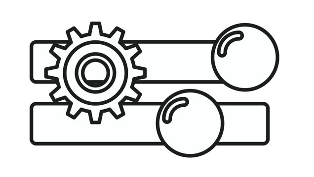 Black line vector icon illustration of settings sliders with a gear and toggle switches, representing configuration, adjustment, control panel, and customization options for software or apps.