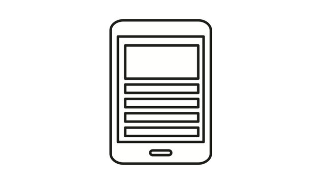 Black line vector icon illustration of a smartphone or tablet mobile device with a user interface display screen showing a header and list items, perfect for technology and app design concepts.