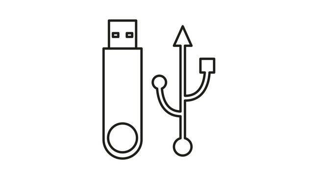 Minimalist black outline vector icon illustration of a USB flash drive and universal serial bus symbol, representing digital data storage, computer hardware, connectivity, and file transfer.