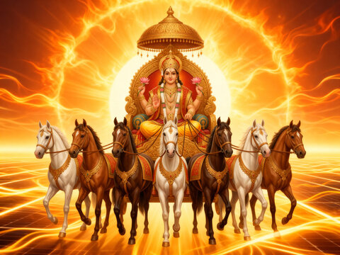 Suryadev Riding Chariot with Seven Horses, Vedic Sun God Surya with Majestic Chariot Scene