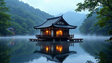 Obraz premium beautiful landscape japanese temple lake temple traditional wooden structure black roof wooden deck surrounded lush greenery trees both sides lake background mountains covered fog sky hazy blue water