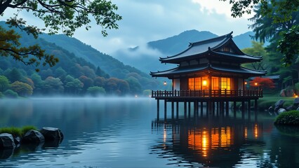 Obraz premium beautiful landscape japanese temple shore lake temple traditional japanese pagoda black roof wooden pillars surrounded lush greenery trees lake calm still sky blue few clouds background mountains