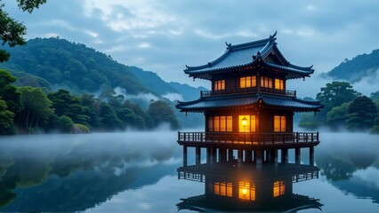 Obraz premium beautiful landscape traditional japanese pagoda lake pagoda tall black structure pointed roof multiple windows surrounded lush greenery trees lake calm still sky blue few clouds hint fog mist air sun