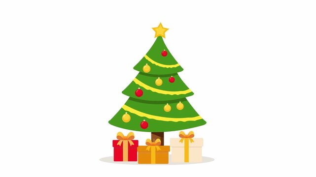 Decorated Christmas tree with gifts in flat 2d style, festive holiday motion animation isolated on transparent background with alpha channel