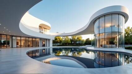 Fototapeta premium rendering modern luxurious building curved architectural design building has white exterior large glass windows both sides allowing natural light enter space entrance building side large circular
