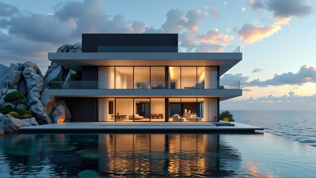 rendering modern luxury house cliff overlooking ocean house two story building flat roof large windows second floor exterior house concrete glass large balcony third floor glass railing balcony