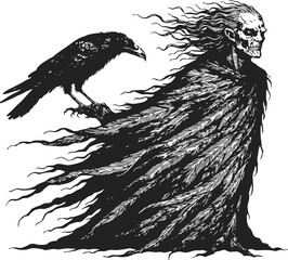 Obraz premium Dark skeletal figure with flowing cloak and raven perched on arm, gothic horror illustration