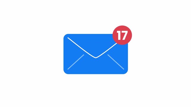 Blue email envelope with red count number notification badge in flat 2d style, clean motion animation asset isolated on transparent background with alpha channel