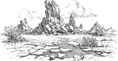 Obraz premium Desert landscape with rocky mountain formation and cracked dry earth under cloudy sky