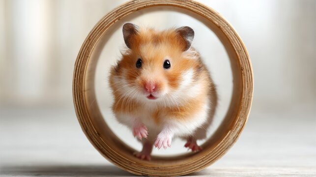 Energetic golden hamster runs inside wooden tunnel during playtime in a cozy indoor space