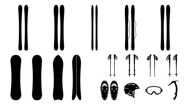 Winter Sports Equipment Silhouette - Ski Snowboard Snowshoe Icon Set
