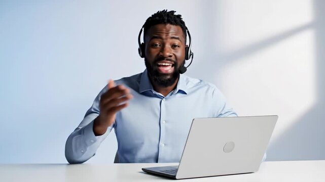 african american man with headset talking on video call at laptop. customer service representative or tech support agent. remote work concept. online communication.