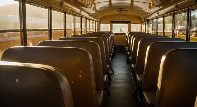 Empty school bus interior with warm sunlight shining through the windows