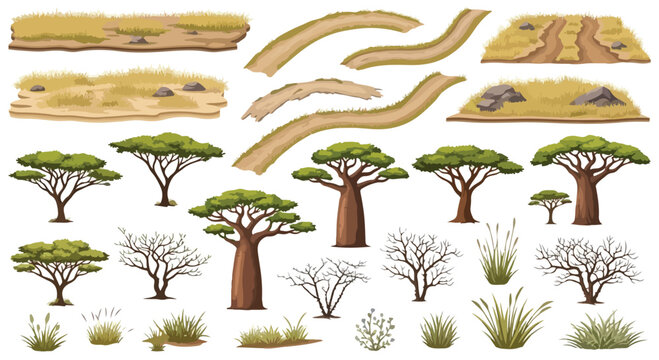 Set of African Savannah Landscape Elements Vector