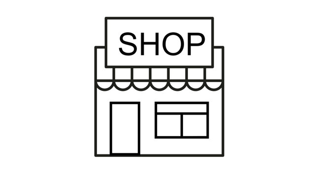 Minimalist black line vector icon illustration of a retail shop storefront featuring a shop sign, striped awning, entrance door, and display window for business and commerce graphic design.