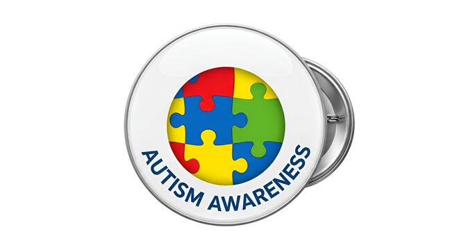 Autism awareness button featuring a colorful puzzle piece design on a white pinback badge symbolizing support and understanding for autism spectrum disorder