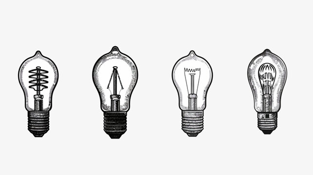 Four vintage light bulbs with different internal designs, black and white illustrations