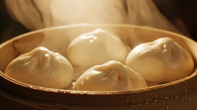 Steaming dumplings in bamboo basket
