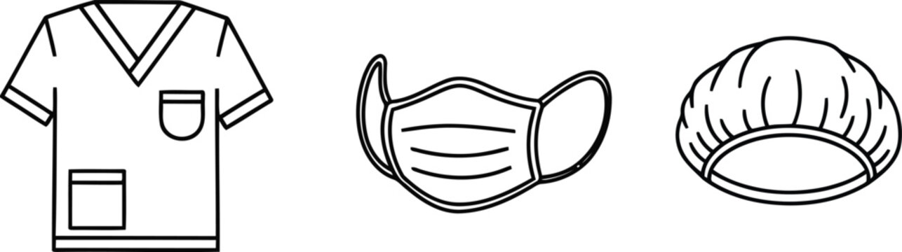 Vector of Medical uniform scrub top protective face mask and disposable surgical head cap in simple black and white line art