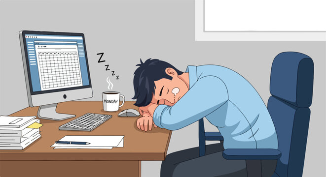 Cartoon man sleeping at his office desk with a coffee mug and computer monitor