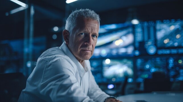 Older male engineer monitors vehicle safety data in a high-tech command room