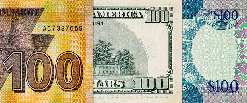 Different 100 Dollars banknotes from the USA, Guyana, and Zimbabwe. Global variety of the dollar as a monetary unit.
