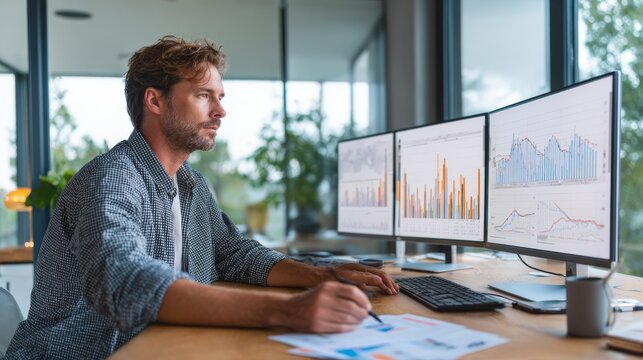 Financial analytics director reviews dashboard data at modern workstation during daylight hours