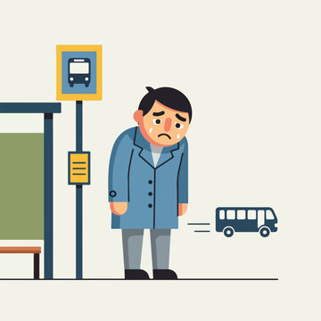 A sad man in a coat stands at a bus stop as the bus drives away without him