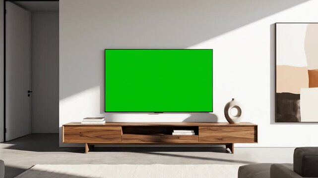 Modern living room interior with green screen TV on wooden media console, contemporary home mockup with chroma key display for digital advertising.