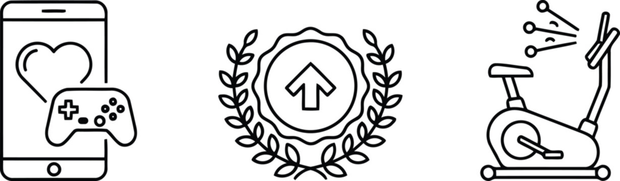Vector of Mobile health app with heart icon achievement award laurel and stationary exercise bike in vector line art