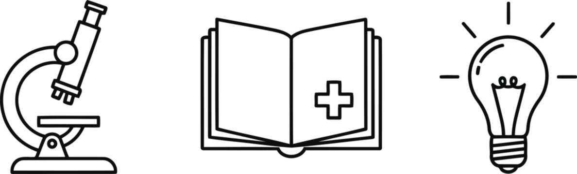 Vector of Laboratory microscope open medical textbook and glowing lightbulb icons in professional black and white vector
