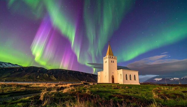 Stunning Aurora Borealis Display Over Ingjaldsh?lskirkja Church in Iceland.