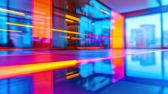 Vibrant office scene with colorful neon lights reflecting on polished floor, creating dynamic and energetic atmosphere