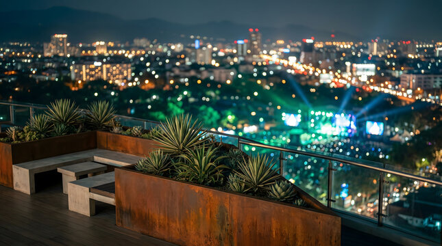 Rooftop bar overlooking city skyline at night with concert lights