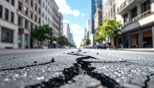 Deep cracks rending urban street pavement after seismic event, showcasing city infrastructure damage