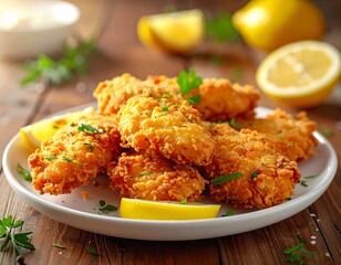 Fototapeta premium Crispy golden fried chicken tenders with crunchy coating served on plate, rustic wooden table, delicious fast food concept