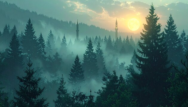 Misty Forest at Sunrise - A Serene Landscape of Evergreen Trees.