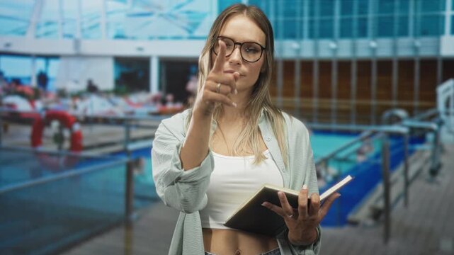 Woman wearing glasses points finger and holds open book by an indoor pool railing in a building, mid gesture; concentration study.