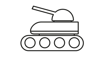 Minimalist black and white vector icon illustration of a military tank featuring a turret and cannon, isolated on a white background. Simple line art symbol for army, war, combat, and defense. © Pollobe