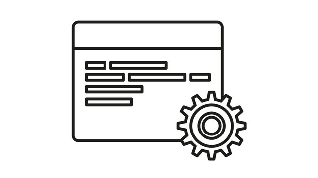 Black vector icon illustration of a web browser window with code lines and a gear symbol, representing software development, web engineering, system settings, and technical configuration.