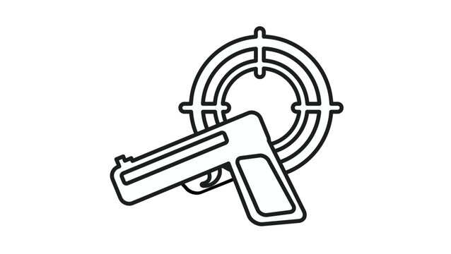 Handgun and Target Vector Icon: Minimalist Black Line Art Illustration of a Pistol and Bullseye Crosshair Symbol for Shooting Sports, Law Enforcement, Defense, and Tactical Training Concepts.