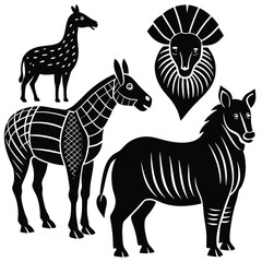 Fototapeta premium Detailed Animal Horse Zebra Llama and Lion Set in Vintage Linocut and Woodcut Style