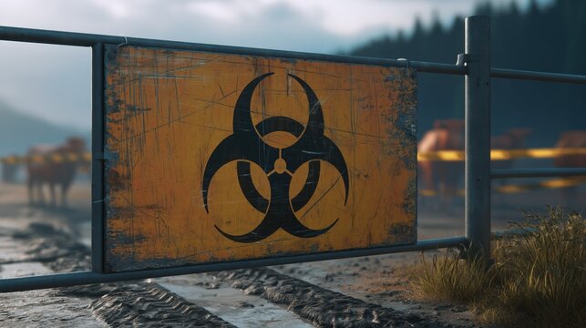 Weathered biohazard sign warns of foot and mouth disease at a rural farm entrance. Muddy tire tracks and blurred cows behind metal quarantine barriers set a tense scene.