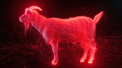 Fototapeta premium A glowing red abstract goat shape made of light trails and particles floats in darkness. This ultra realistic digital artwork features luminous energy with a mystical flair.