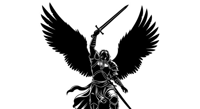 Dramatic winged armored warrior silhouette holding raised sword.