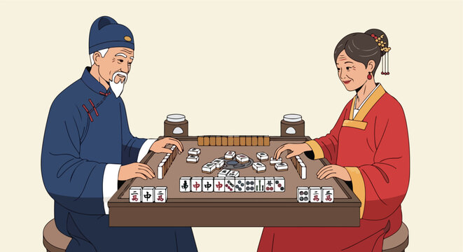 An elderly Asian couple dressed in traditional clothing plays a game of mahjong