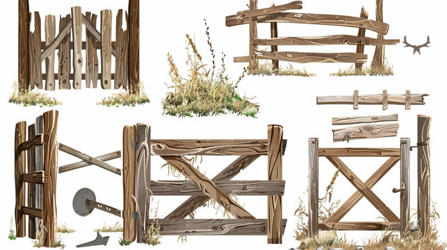 Set of painted wooden fences and gates in different styles, with grass and rustic details