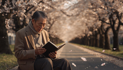 Fototapeta premium 大きな桜並木の下で物語と春の空気に没頭する東アジア人シニア男性