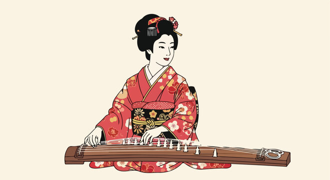 A Japanese woman in a patterned red kimono playing a traditional string instrument